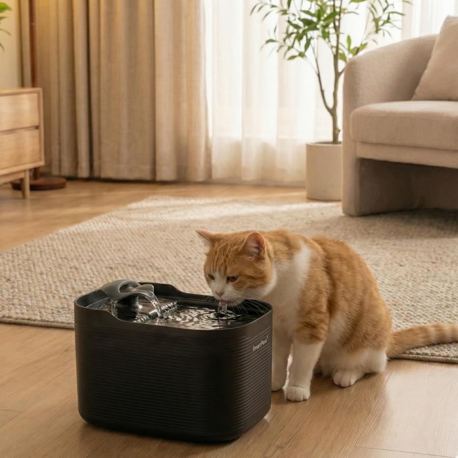 A ginger cat drinks from the black SmartPaw AquaPaw wireless water fountain in a cozy living room