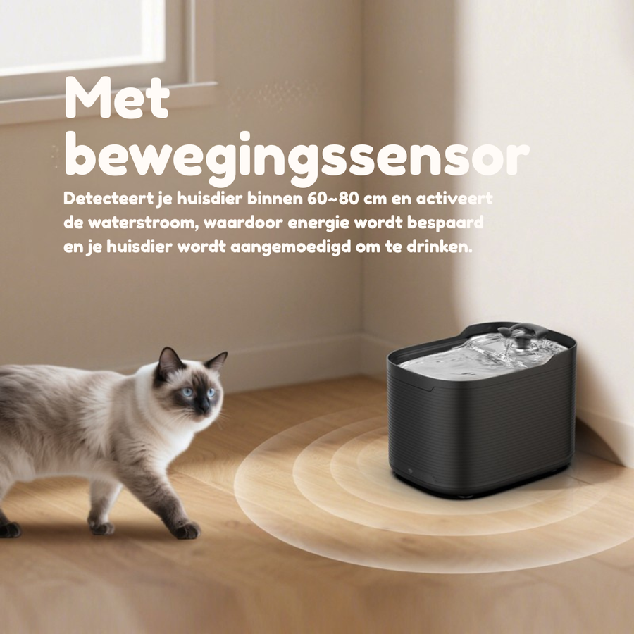 The black SmartPaw AquaPaw fountain with a motion sensor that starts the flow as a cat approaches