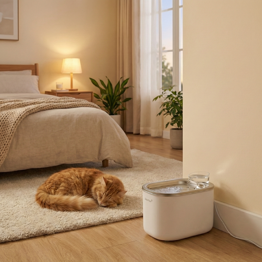 A fluffy cat sleeps in a cozy bedroom beside the white SmartPaw FlowMate Pro water fountain