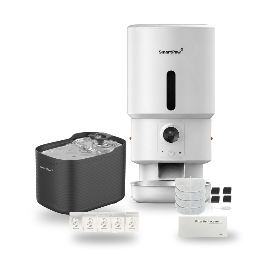SmartPaw Halloween bundle: AquaPaw water fountain with the white FeedMate with camera, 2 filter sets and desiccant bags