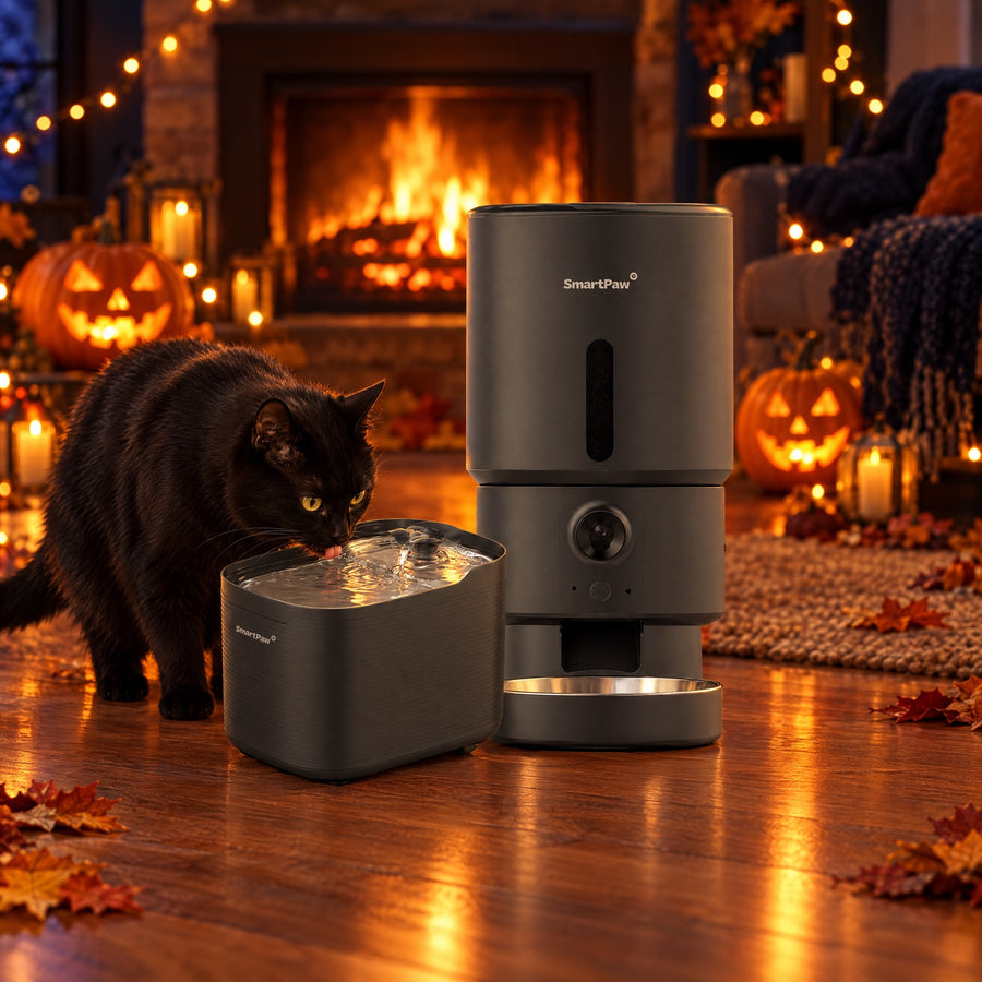 A black cat drinks from the SmartPaw AquaPaw fountain next to the FeedMate feeder by the fireplace on Halloween