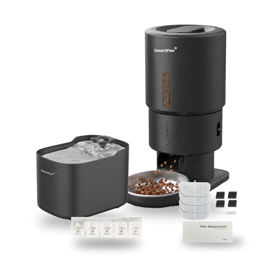 SmartPaw Halloween bundle: AquaPaw water fountain with the black FeedMate without camera, 2 filter sets and desiccant bags