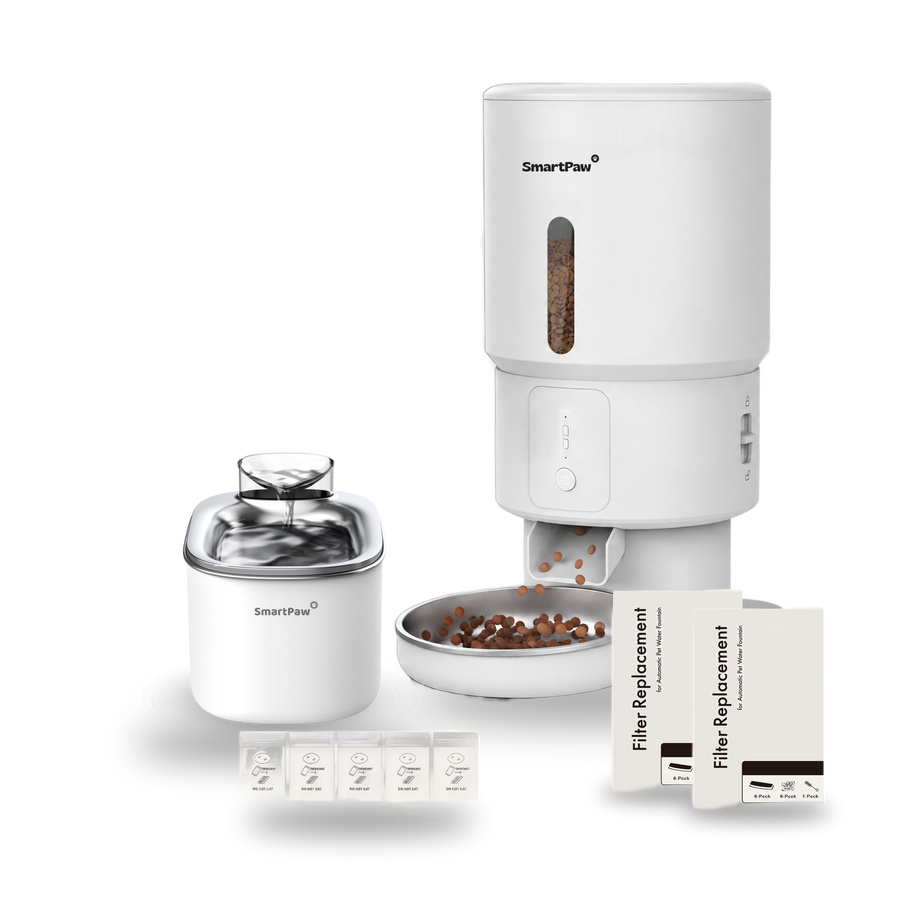 SmartPaw Halloween bundle: FlowMate Pro water fountain with the white FeedMate without camera, 2 filter sets and desiccant bags