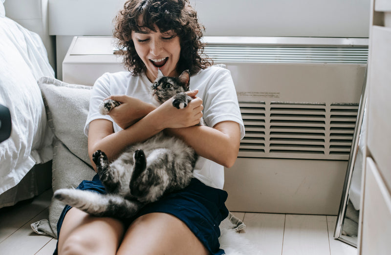 Vrouw speelt en knuffelt met haar kat in de woonkamer