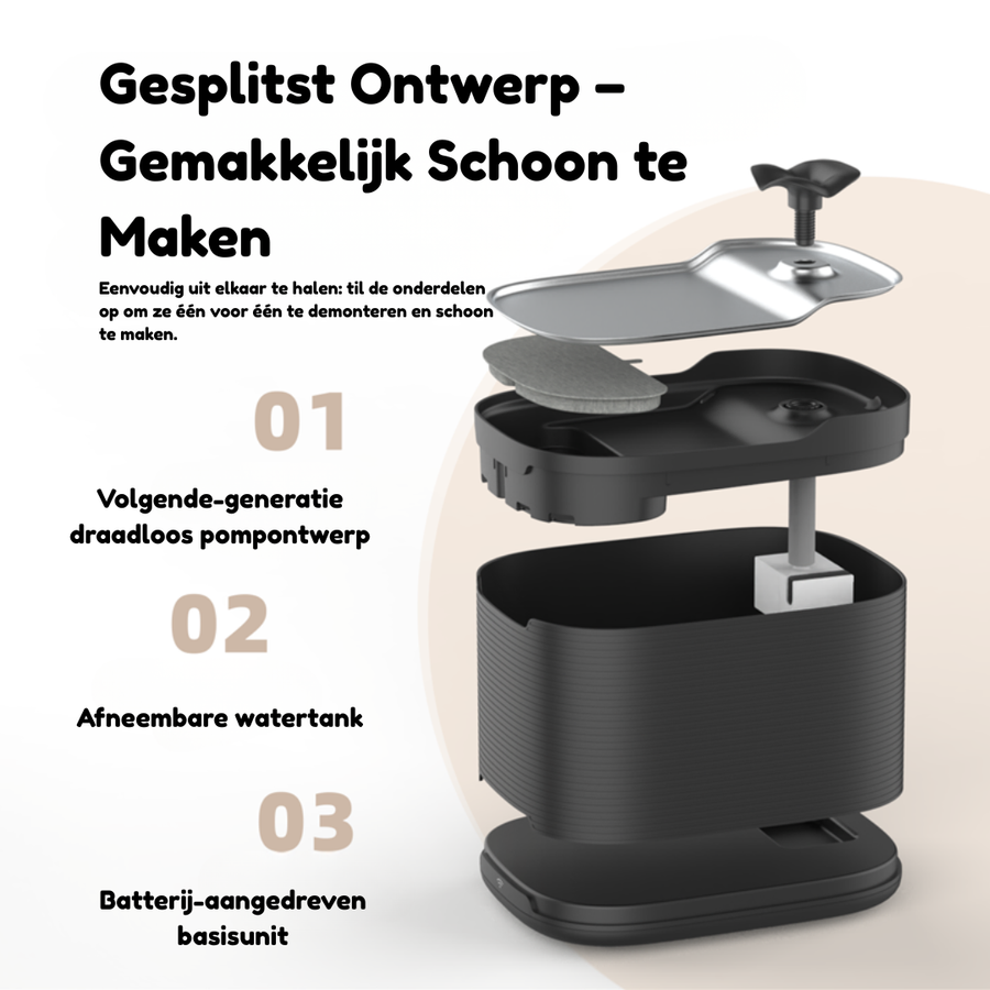 Split design of the black AquaPaw fountain with wireless pump and removable tank, easy to clean