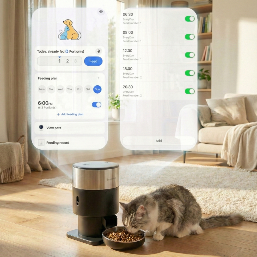 A dog eats kibble by the ChromeFeeder automatic feeder while the SmartPaw app shows its feeding schedule