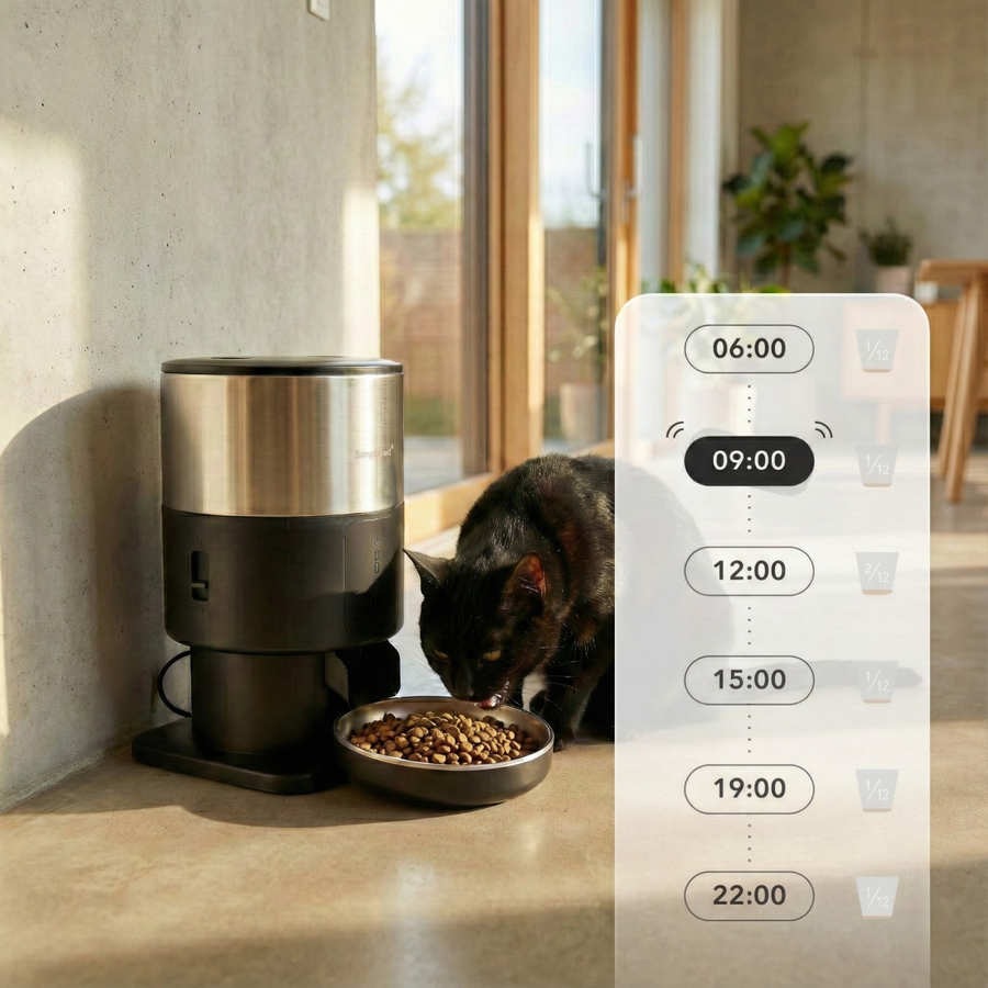 A dog eats beside the chrome ChromeFeeder feeder with daily feeding times from 06:00 to 22:00 shown alongside