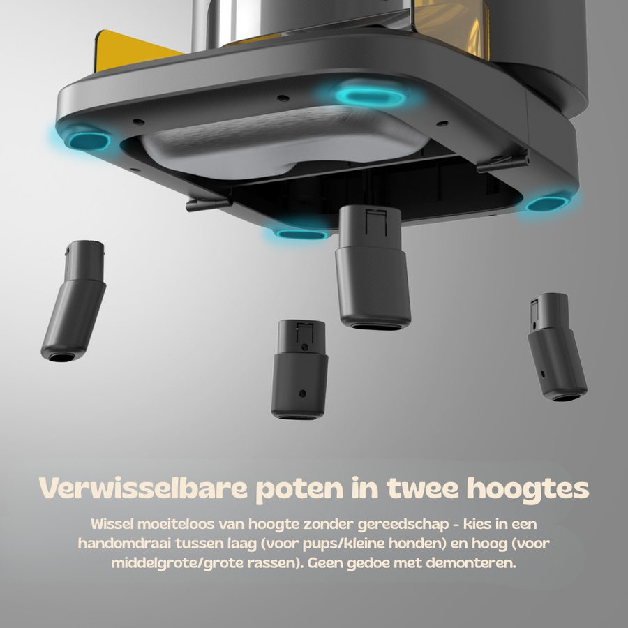 Titan feeder shown with interchangeable legs that swap between two heights for small or large dogs without tools