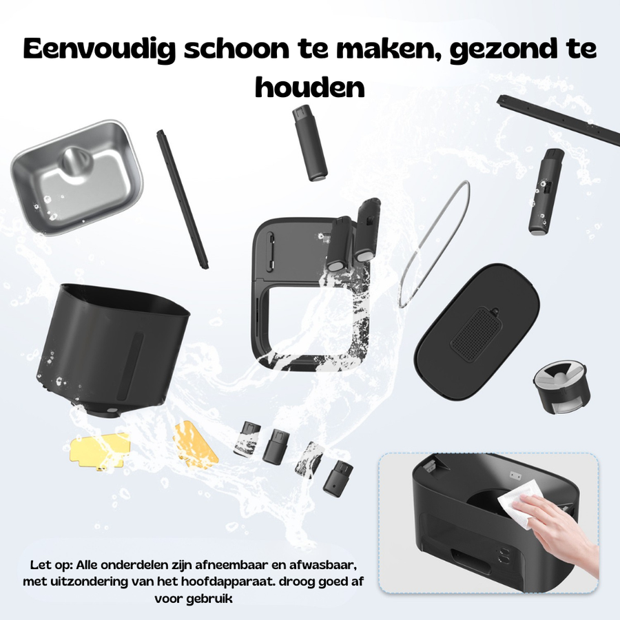 Disassembled Titan feeder parts under water showing all removable, washable components for easy cleaning