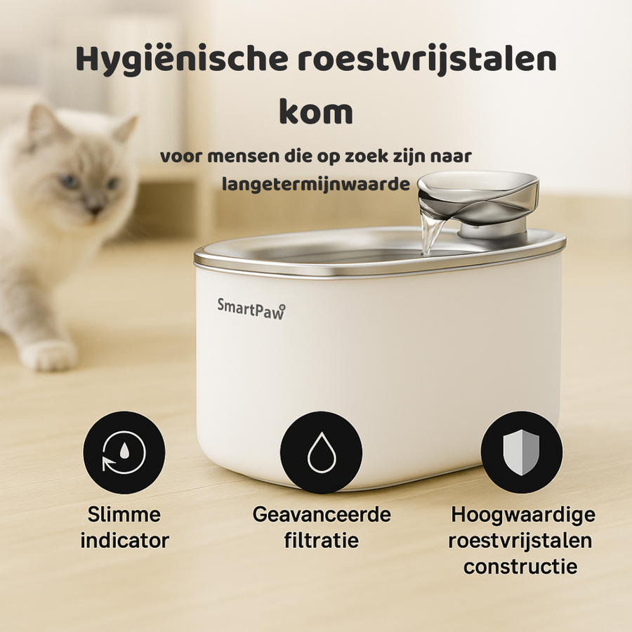 The white FlowMate Pro fountain by SmartPaw with its hygienic stainless steel drinking bowl