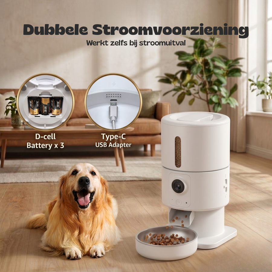 Golden retriever zit naast de witte FeedMate voederbak, die werkt op D-cell batterijen en USB-voeding