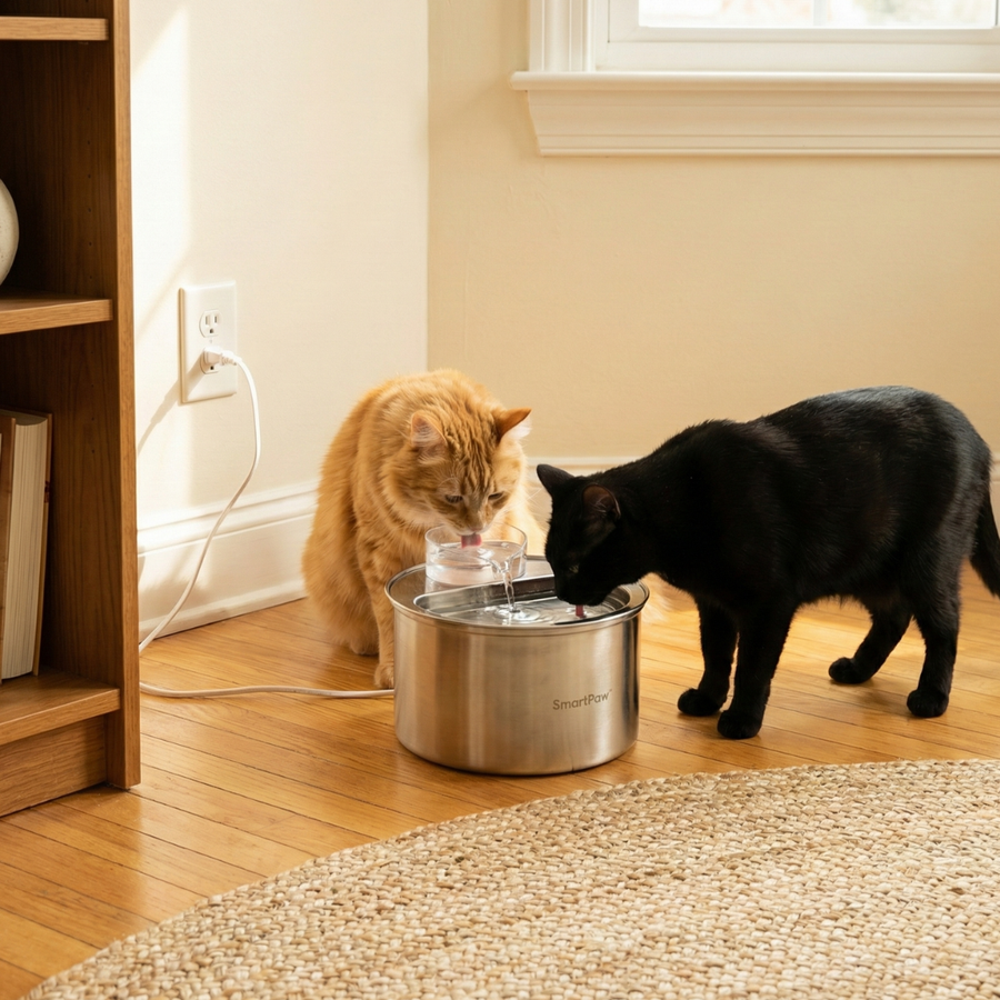 A ginger and a black cat drink together from the stainless steel SmartPaw HydroBuddy fountain