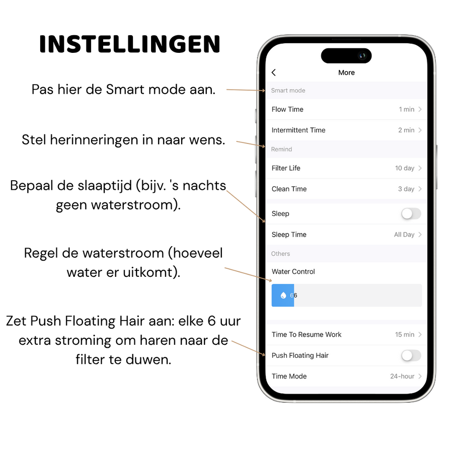 App settings screen of the HydroBuddy fountain with flow, reminder and sleep mode options