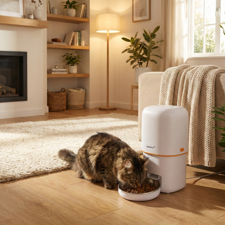 Tabby cat eating from a compact smart automatic feeder in a bright living room