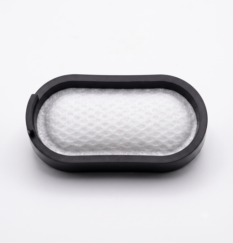 Oval SmartPaw HEPA filter with white mesh and black rubber frame on a white background