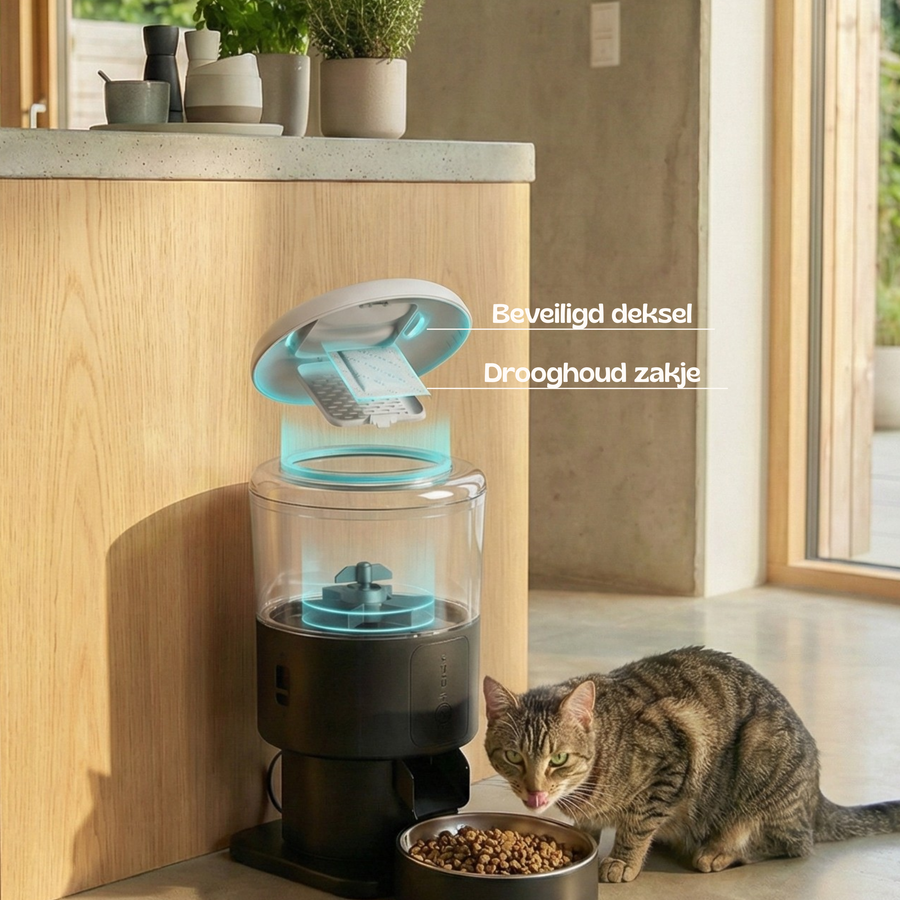 A cat eats by a window next to the ChromeFeeder feeder, highlighting its anti-clog and drop detection design