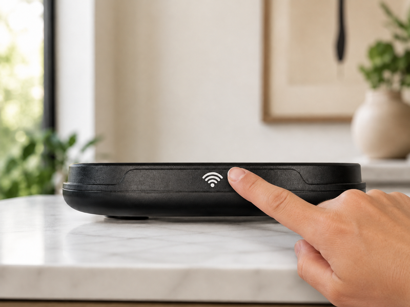 A finger tapping the wifi mark on the rim of the SmartPaw AquaPaw battery base to start pairing