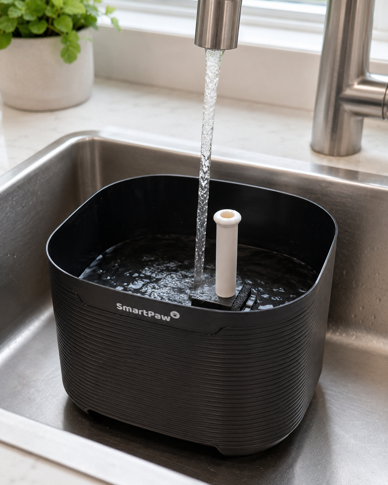The AquaPaw reservoir being filled with fresh tap water at the kitchen sink, with the pump and spout in place