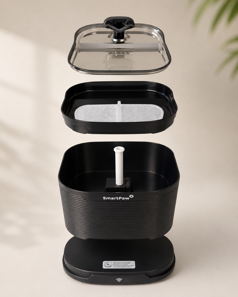 SmartPaw AquaPaw shown exploded: clear lid, filter tray with filter pad, reservoir with pump and spout, and the wireless battery base