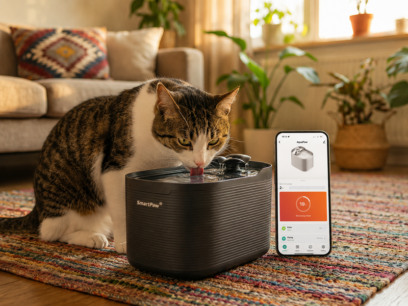 A cat drinking from the SmartPaw AquaPaw while the app shows the remaining water and battery percentage