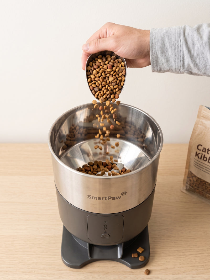 A hand pours a scoop of kibble into the stainless steel container of the SmartPaw ChromeFeeder