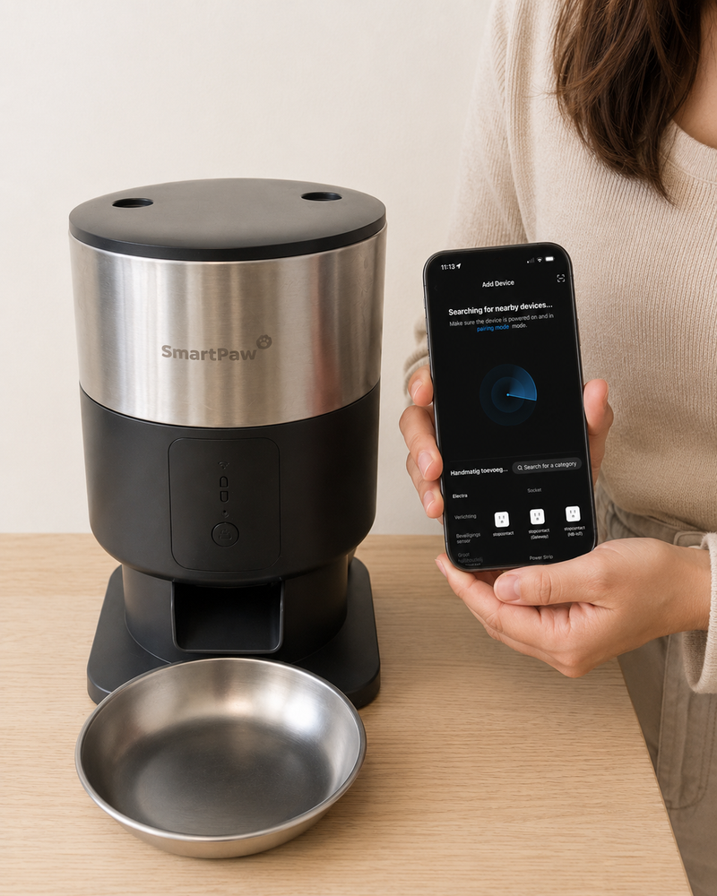 The SmartPaw app searches for nearby devices while pairing with the ChromeFeeder automatic feeder
