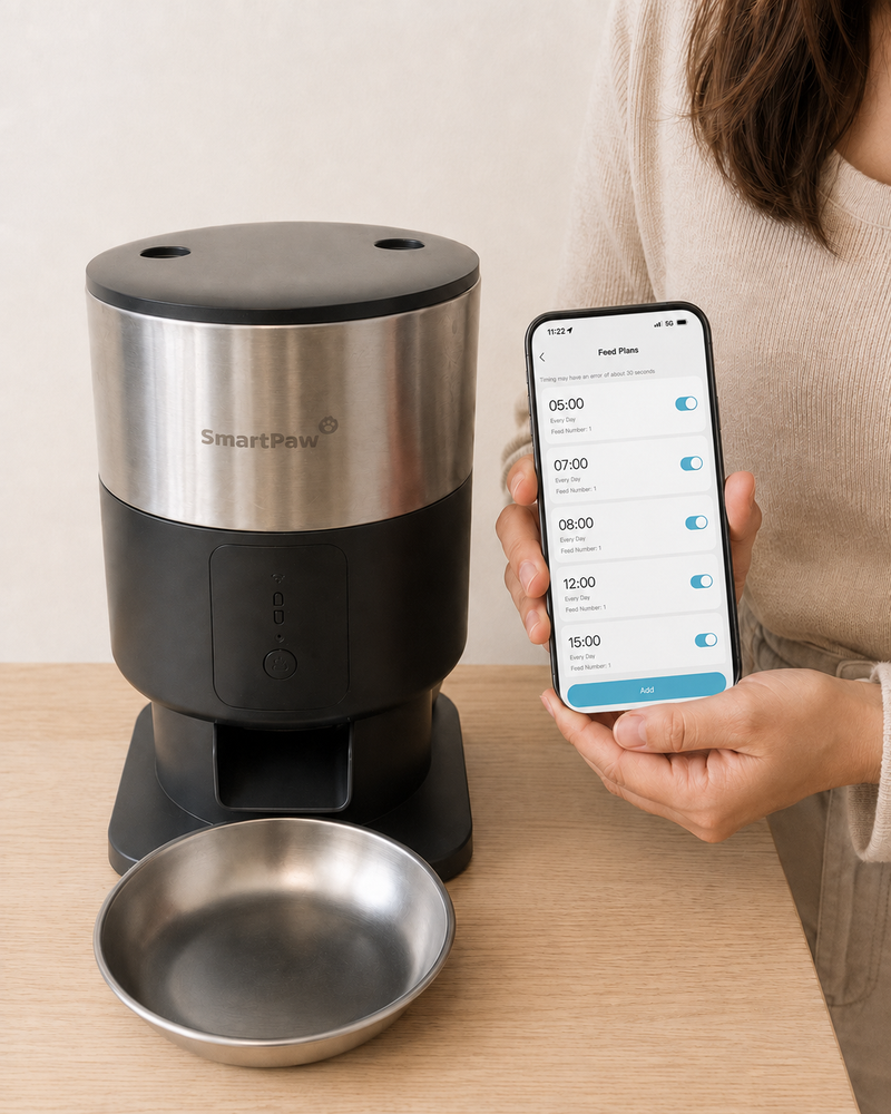 The SmartPaw app shows a feeding schedule with five daily meal times for the ChromeFeeder