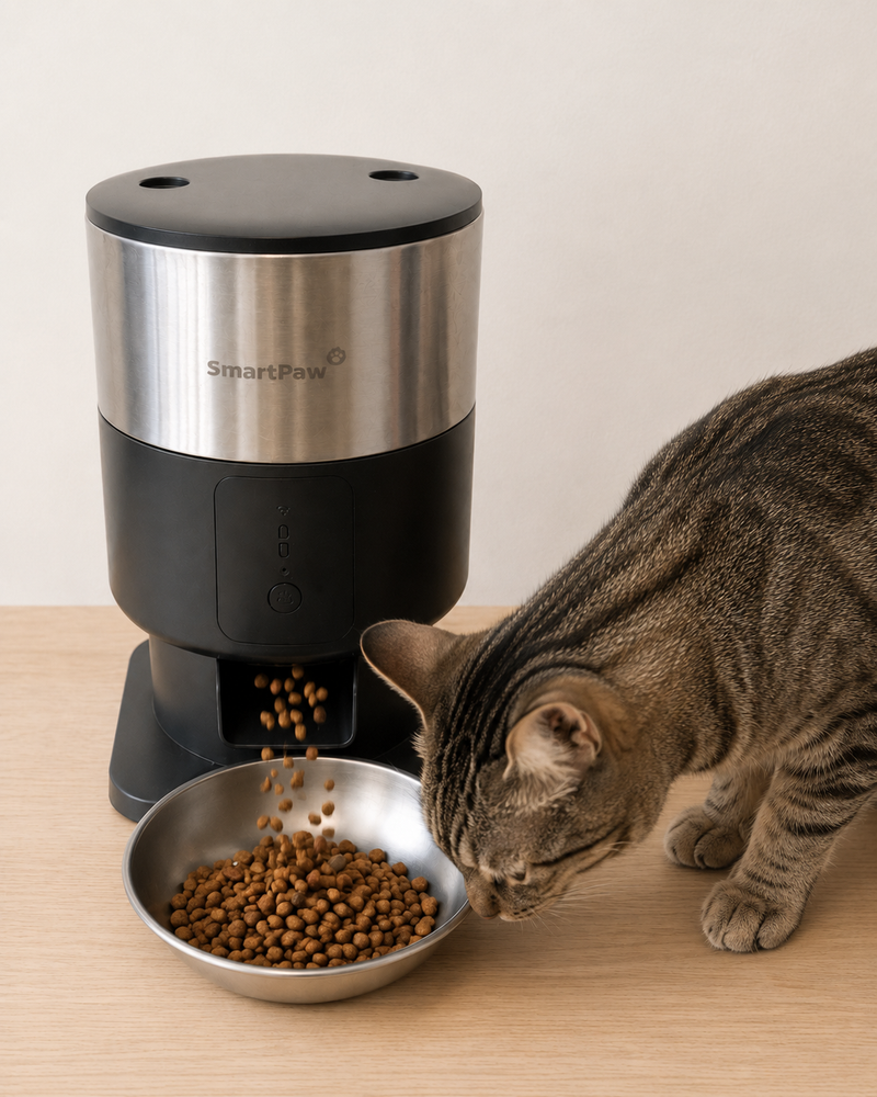 A tabby cat eats kibble from the steel bowl as the ChromeFeeder dispenses a portion