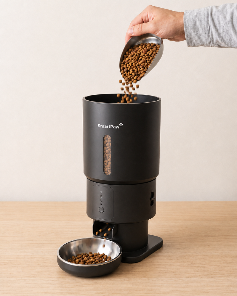 A hand pours a scoop of kibble into the 5 litre container of the SmartPaw FeedMate automatic feeder