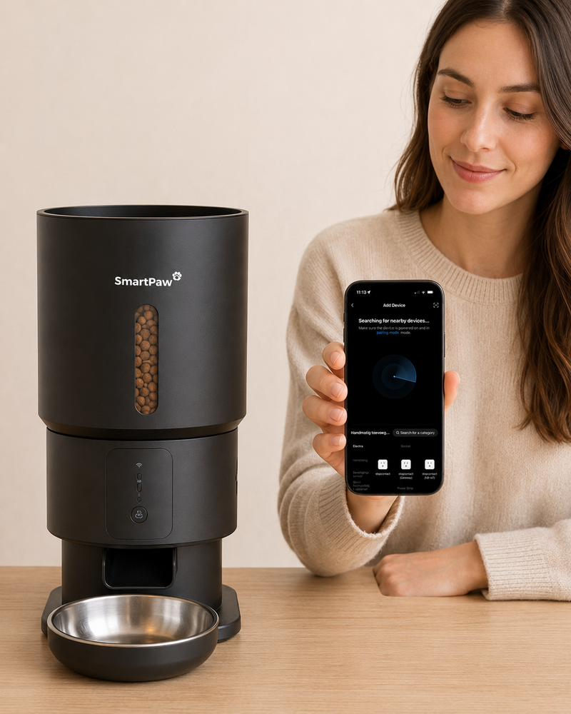 A woman holds her phone while the SmartPaw app searches for the FeedMate feeder to pair with
