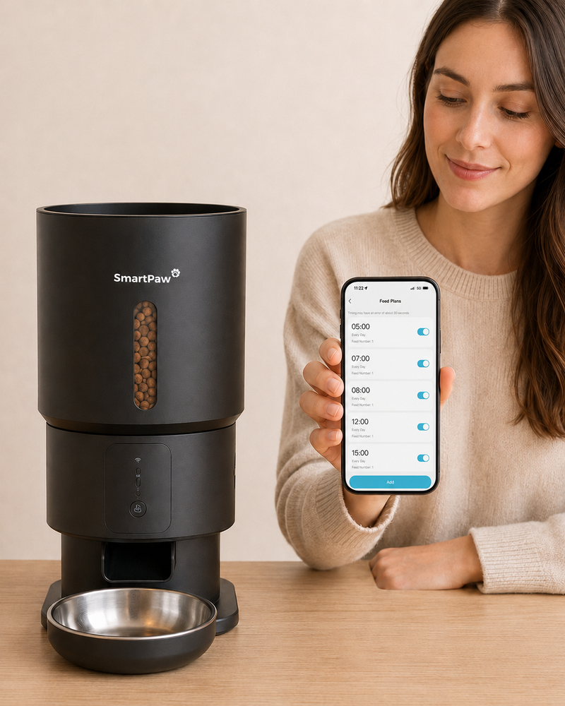 The SmartPaw app shows five daily feeding times set for the FeedMate automatic feeder