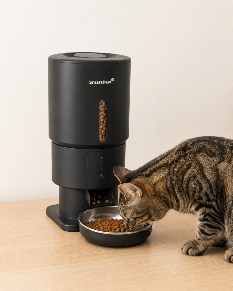 A tabby cat eats a freshly dispensed portion from the bowl of the FeedMate automatic feeder