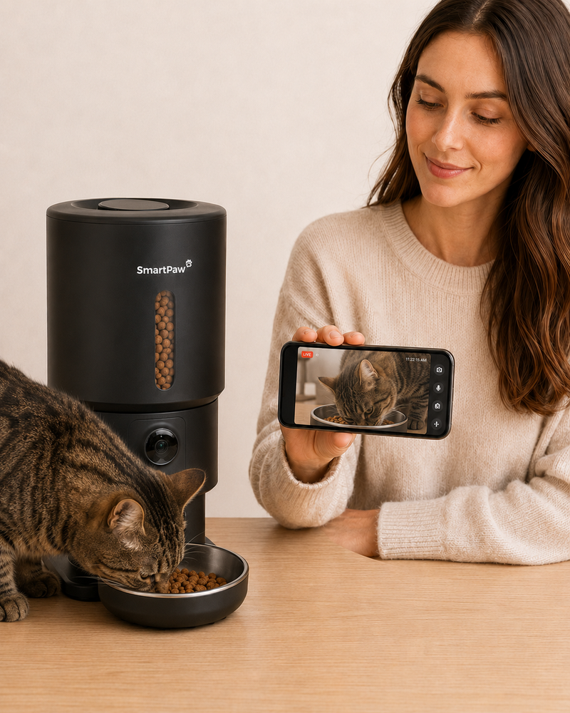 A woman watches a live camera feed of her cat eating on her phone, next to the FeedMate feeder with built-in camera