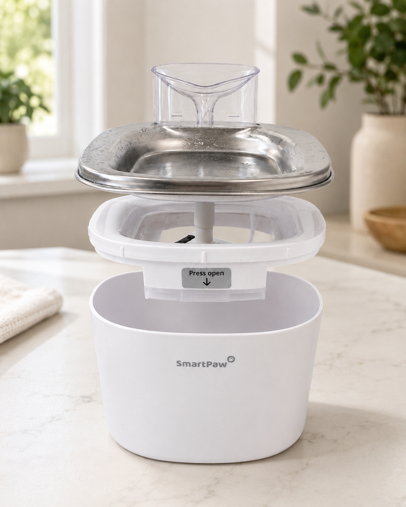 Exploded view of the SmartPaw FlowMate Pro fountain showing the clear spout, the stainless steel drinking plate, the pump housing and the reservoir