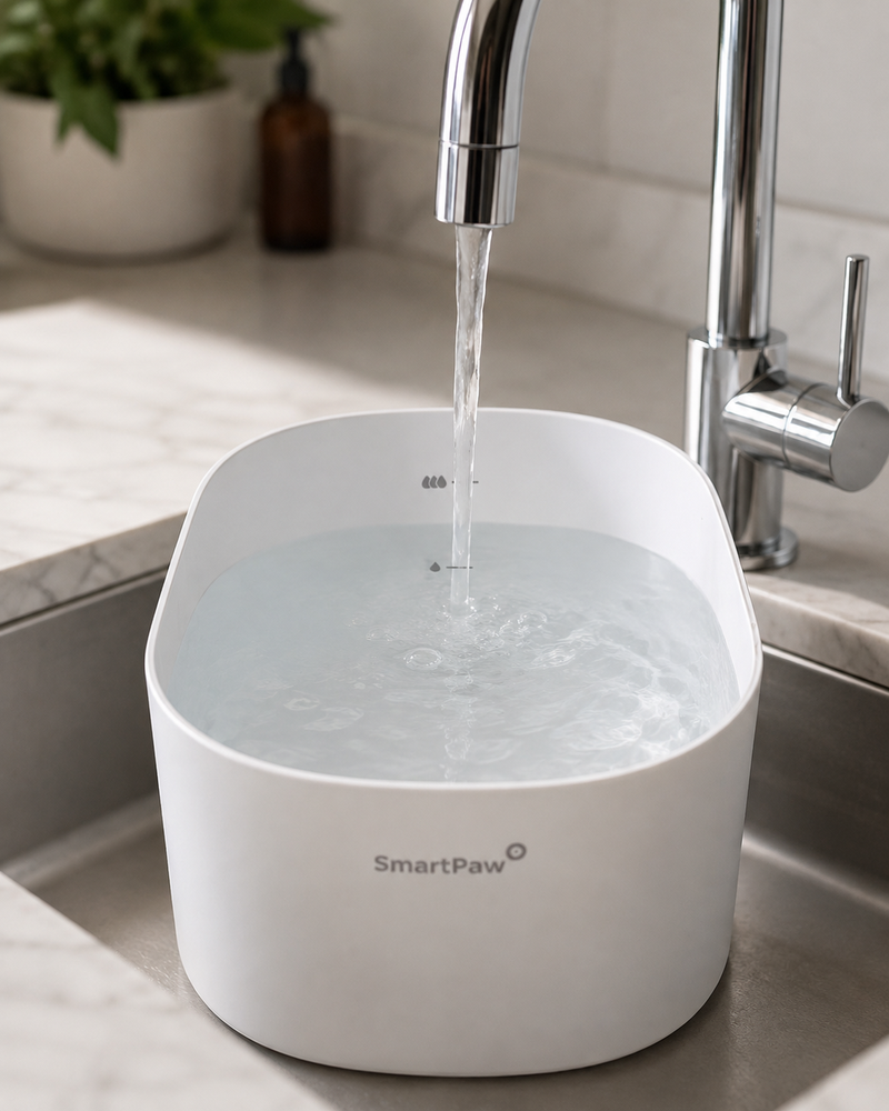 The FlowMate Pro reservoir being filled with tap water in the sink, up to the fill markings