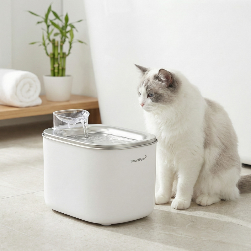 A ragdoll cat sits beside the running FlowMate Pro fountain with water flowing over the steel plate