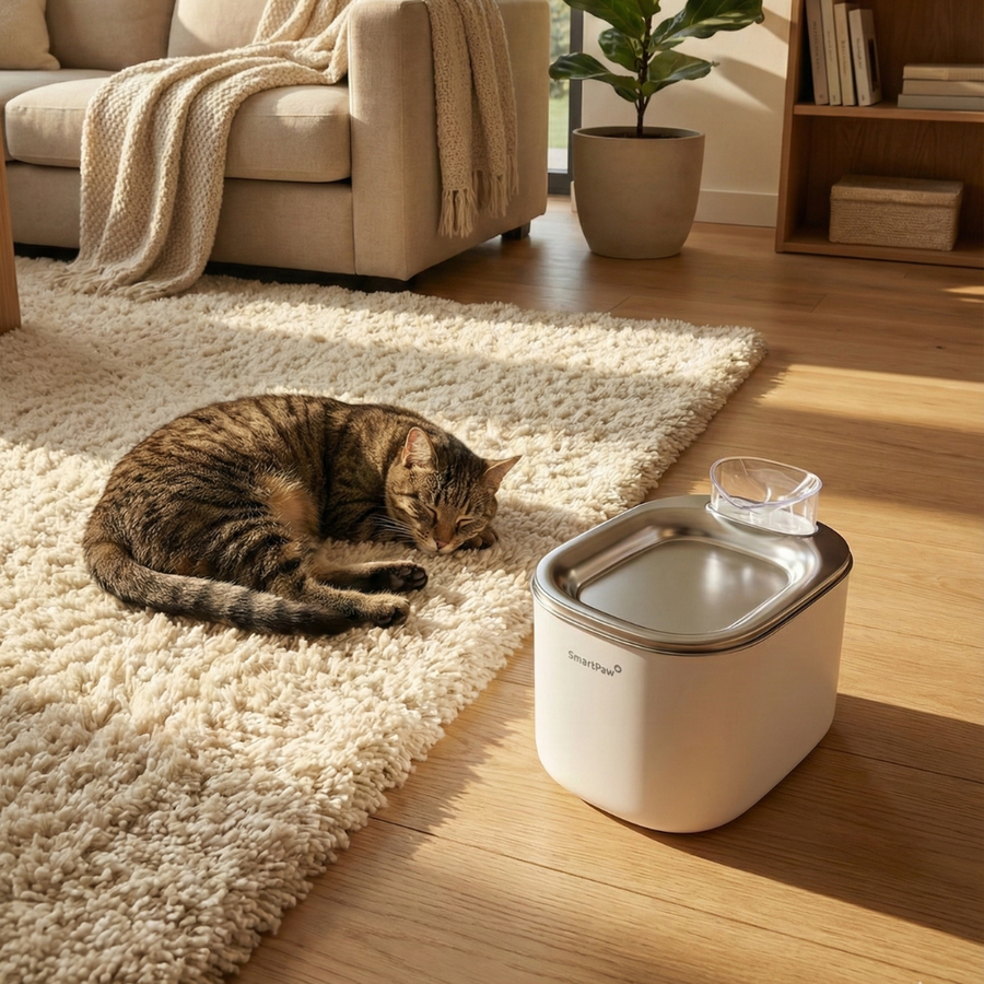 A tabby cat rests on a rug near the white SmartPaw FlowMate Pro fountain in a sunny living room