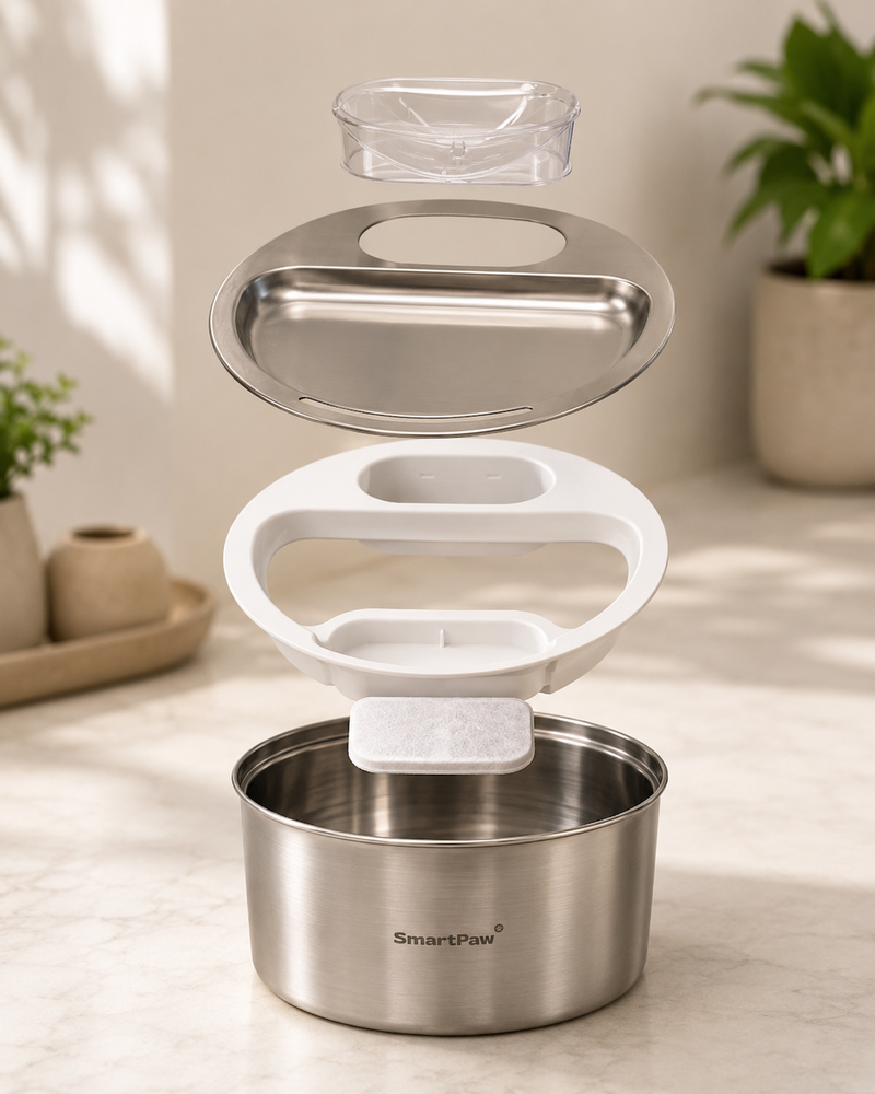 SmartPaw HydroBuddy fountain shown exploded: clear spout, stainless steel drinking plate, white pump housing, filter pad and 4 L steel reservoir