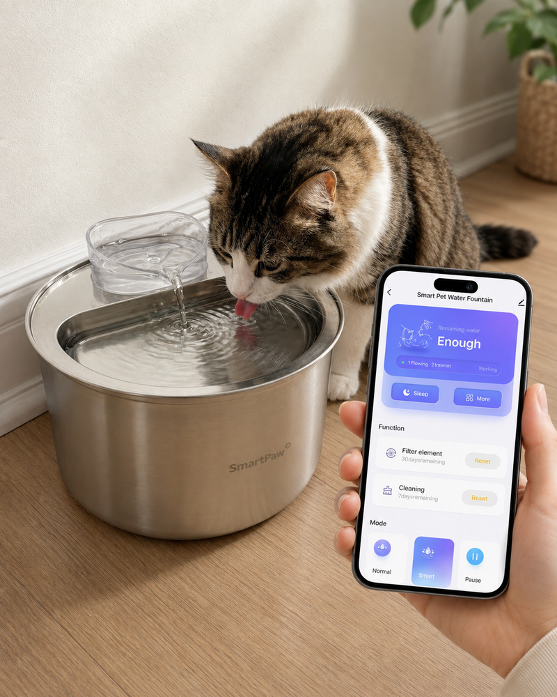 A cat drinking from the SmartPaw HydroBuddy while the app shows the water level, filter and cleaning reminders