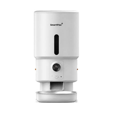 SmartPaw FeedMate automatische voerbak met camera in het wit, met SmartPaw-logo en roestvrijstalen voerkom