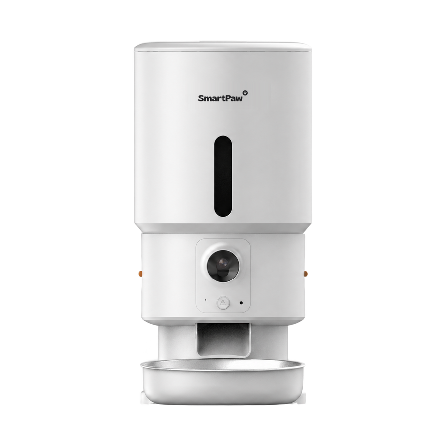 SmartPaw FeedMate automatische voerbak met camera in het wit, met SmartPaw-logo en roestvrijstalen voerkom