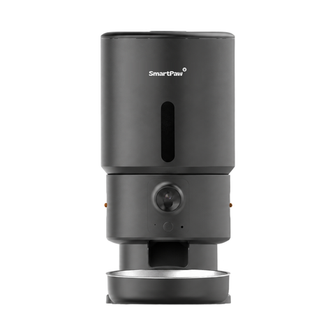 SmartPaw FeedMate automatische voerbak met camera in het zwart, met SmartPaw-logo en roestvrijstalen voerkom
