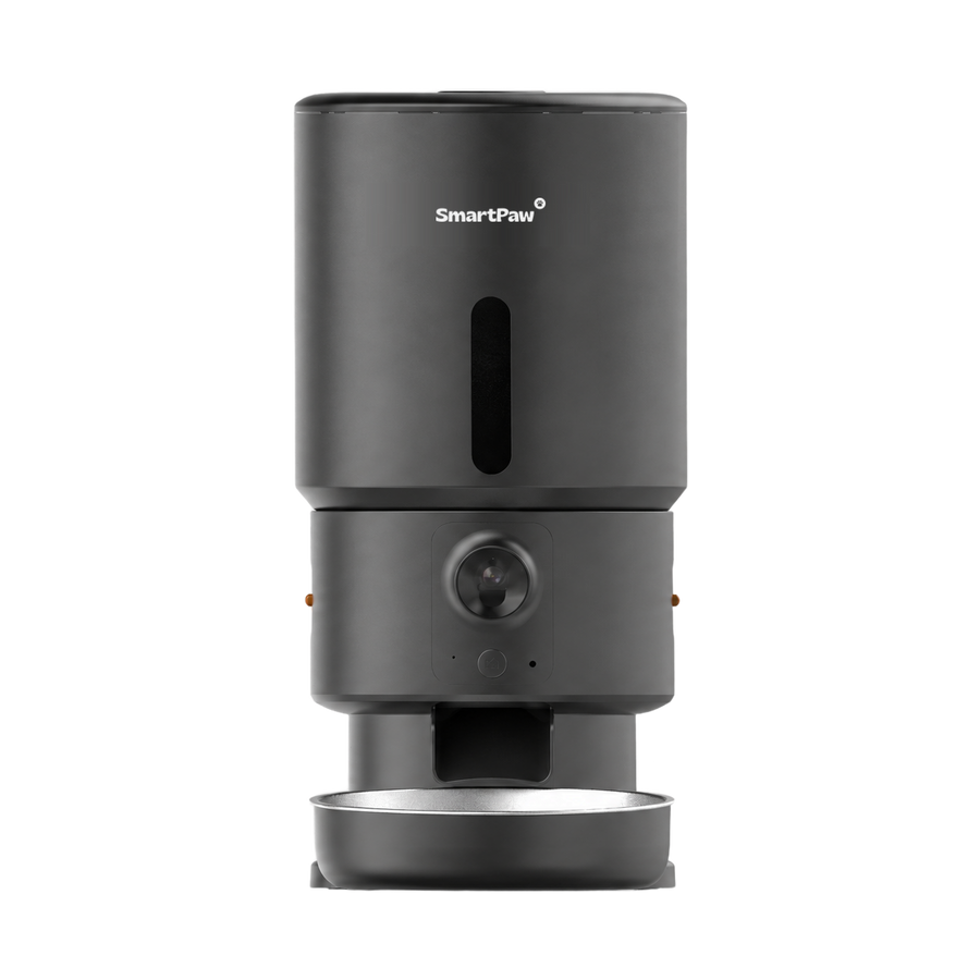 SmartPaw FeedMate automatische voerbak met camera in het zwart, met SmartPaw-logo en roestvrijstalen voerkom
