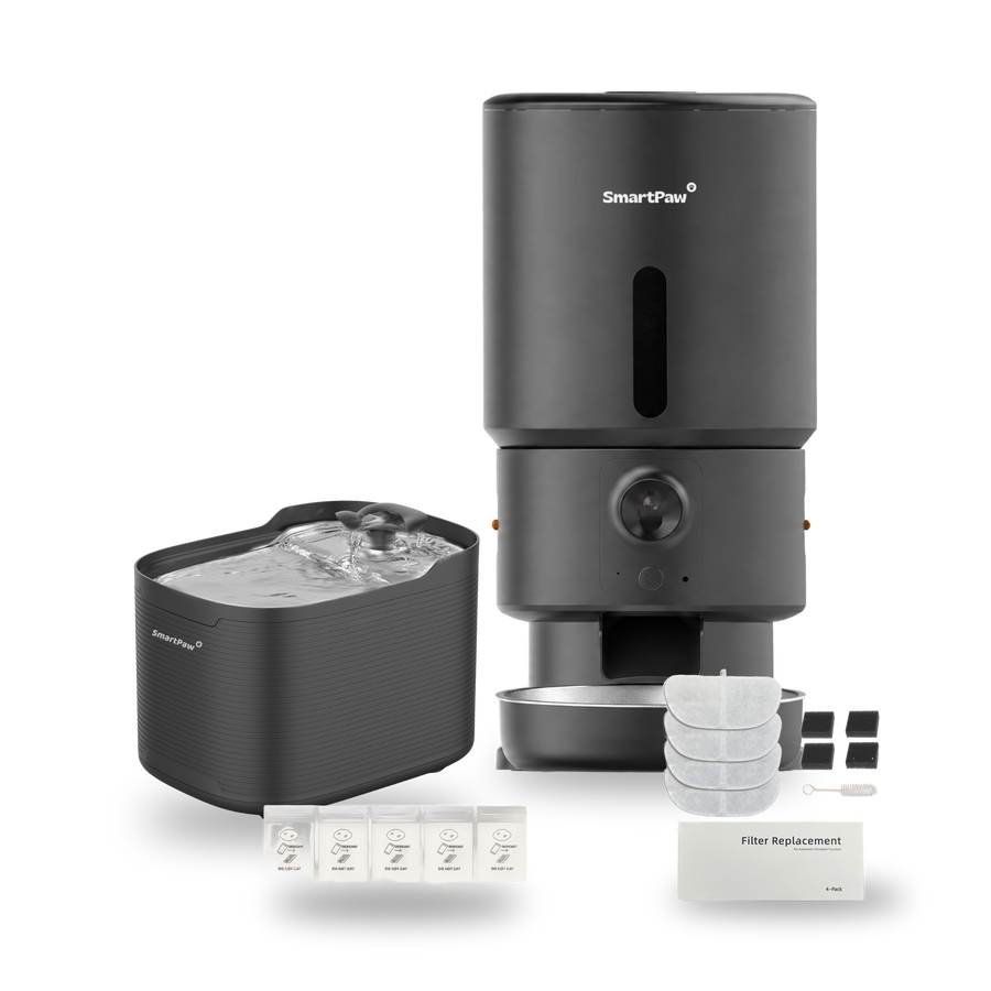 SmartPaw Halloween bundle: AquaPaw water fountain with the black FeedMate with camera, 2 filter sets and desiccant bags
