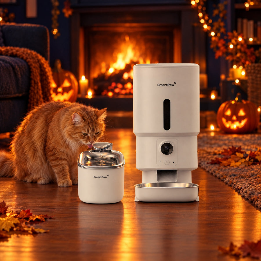 An orange tabby cat drinks from the SmartPaw FlowMate Pro fountain next to the FeedMate feeder by the fireplace on Halloween