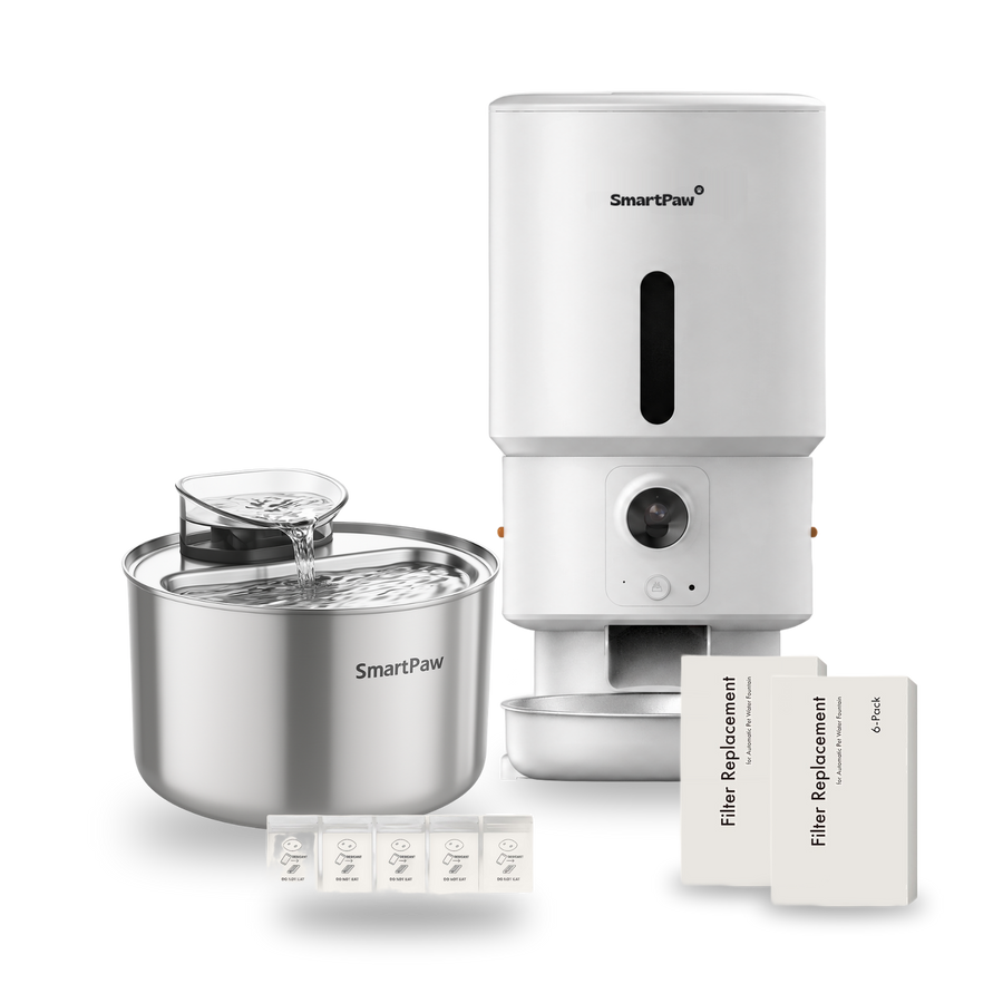 SmartPaw Halloween bundle: HydroBuddy water fountain with the white FeedMate with camera, 2 filter sets and desiccant bags
