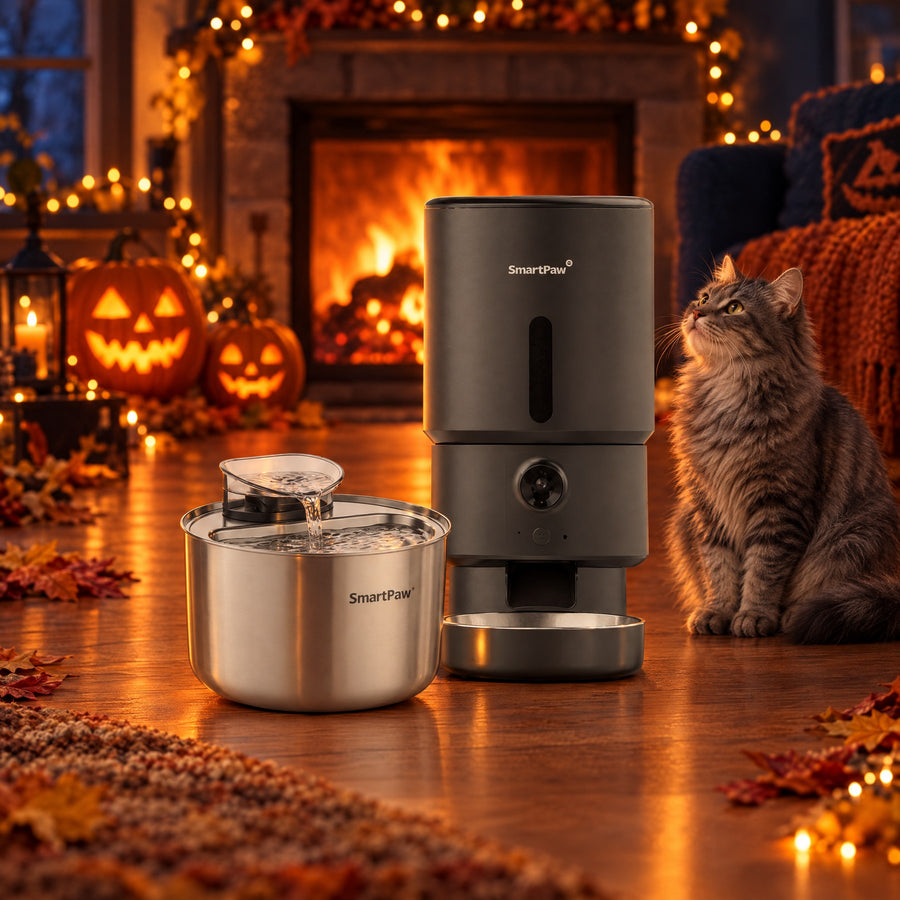 A tabby cat waits by the SmartPaw FeedMate feeder and HydroBuddy fountain in a cozy Halloween living room