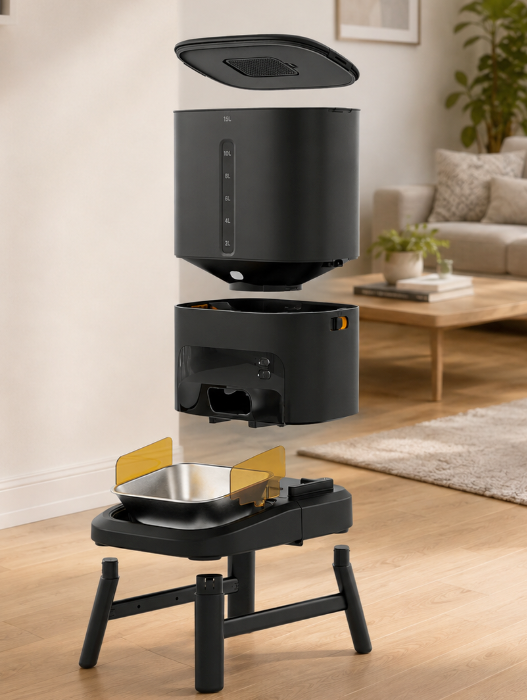 Exploded view of the SmartPaw Titan feeder showing the lid, the 15 litre container, the motor unit and the raised bowl stand