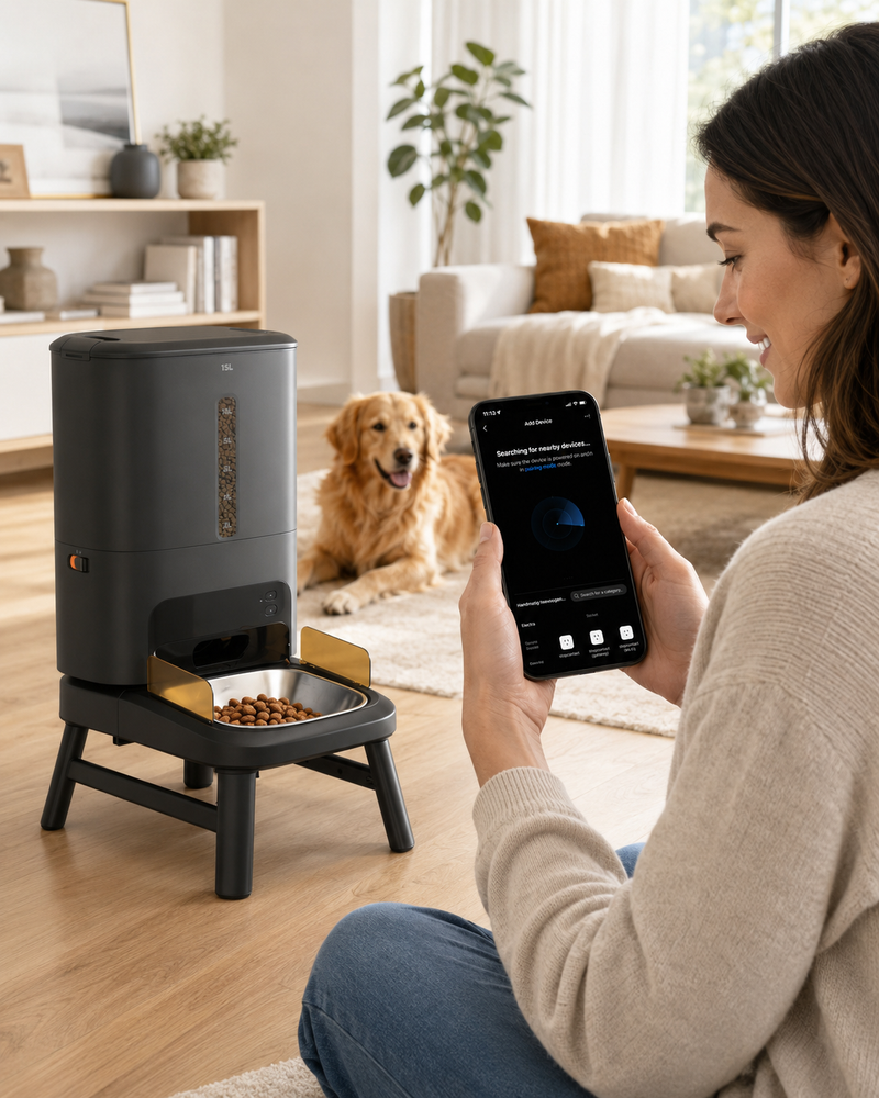 A woman pairs the Titan feeder with the SmartPaw app while her golden retriever watches from the rug