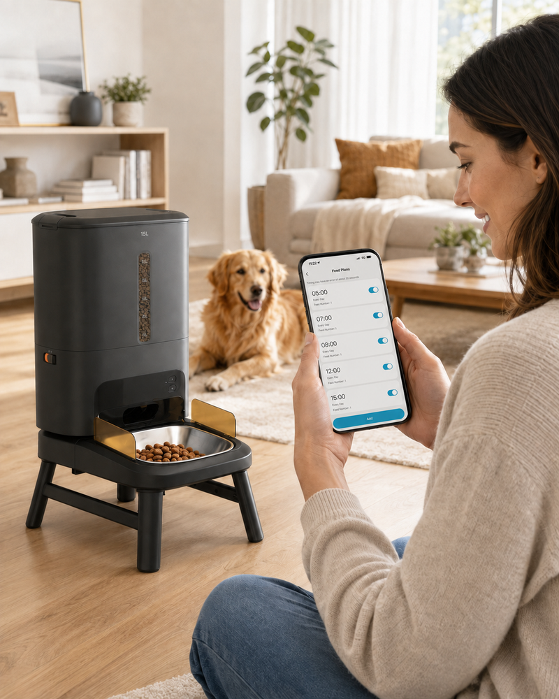 The SmartPaw app shows five daily feeding times set for the Titan feeder beside a golden retriever